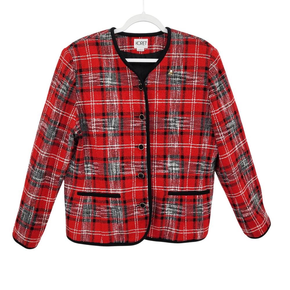 Vintage KORET Red Plaid Boucle Tweed Black Trim Jacket Women’s 18 Old Money